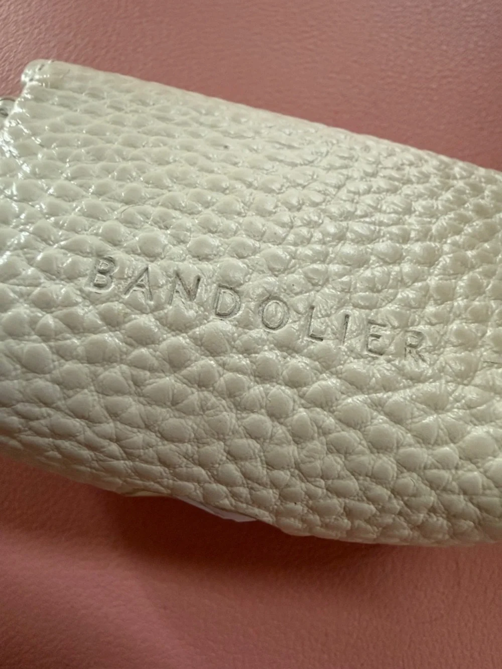White Pebbled Leather Keychain Pouch with Gold Hardware